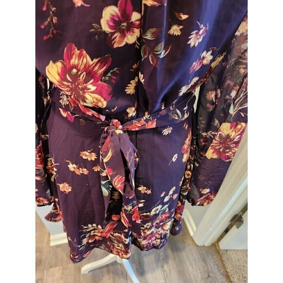 Lulus Mini Dress Dark Floral Design Button Front Tie Waist Sz S long sleeve - Picture 5 of 7